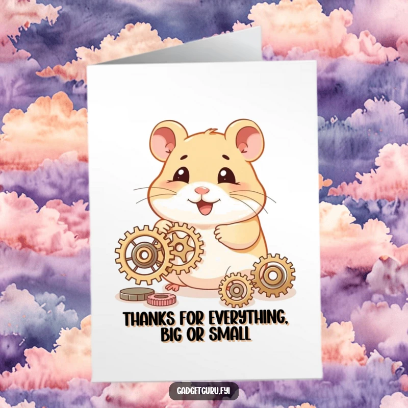 Funny Free Printable Thank You Card: A happy hamster character busy working on tiny gears, showing diligent thanks.