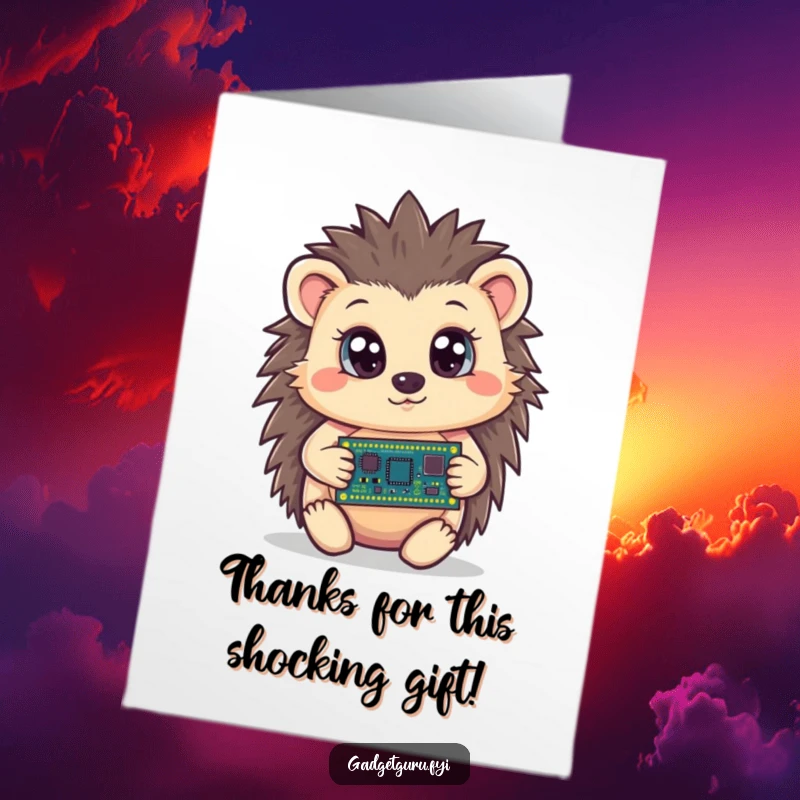 Funny Free Printable Thank You Card: Curious hedgehog wide-eyed holding a tiny circuit board, ideal DIY gift.
