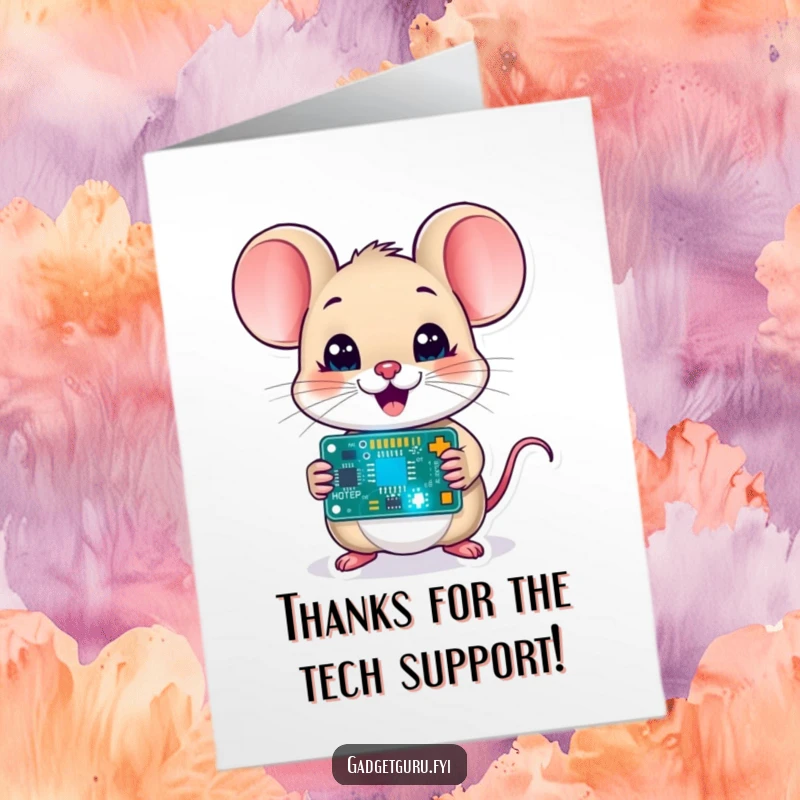 Funny Free Printable Thank You Card: A delighted mouse character holds a tiny, blinking circuit board, conveying thanks with a smart smile.
