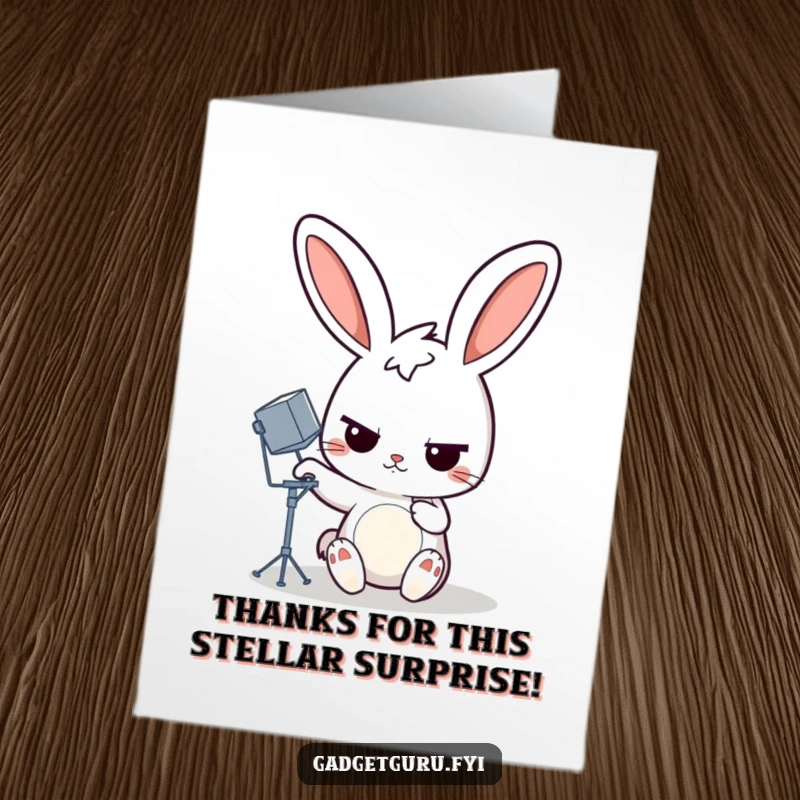 Funny Free Printable Thank You Card: Determined rabbit adjusting a miniature satellite dish, ideal DIY gift.