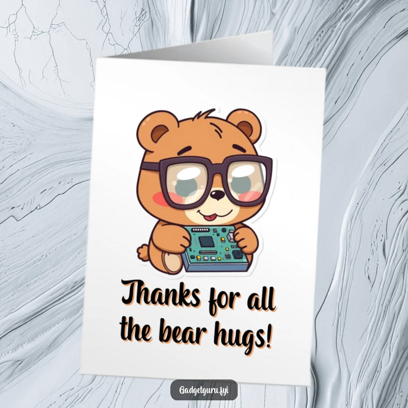 Funny free printable thank you card: a bear wearing large spectacles carefully examining a tiny, detailed electronic circuit board.