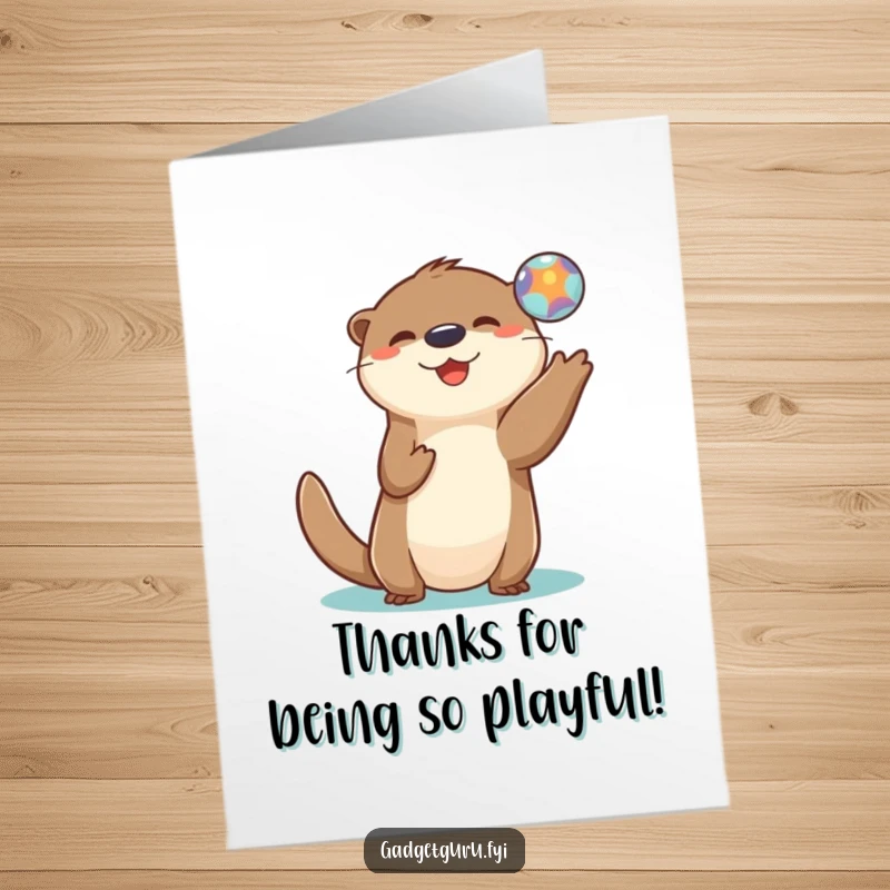 Funny Free Printable Thank You Card: Playful otter character expertly tossing a small, glowing digital orb, conveying thanks playfully.