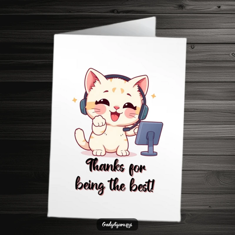 Funny Free Printable Thank You Card: A kitten wearing a headset enthusiastically points at a screen, showing thanks.