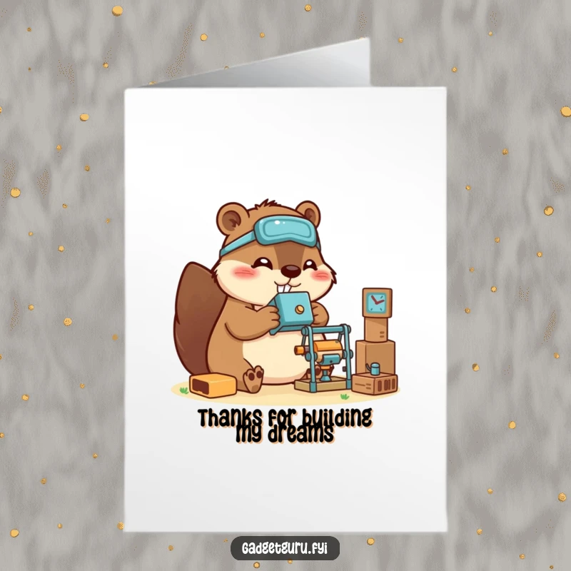 Funny Free Printable Thank You Card: Crafty beaver building a miniature gadget, expressing gratitude for help.