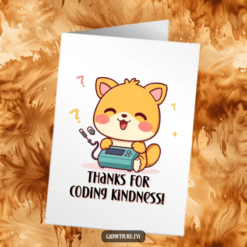 Funny Free Printable Thank You Card: A happy animal character beeps joyfully while programming a small device as a thank you.