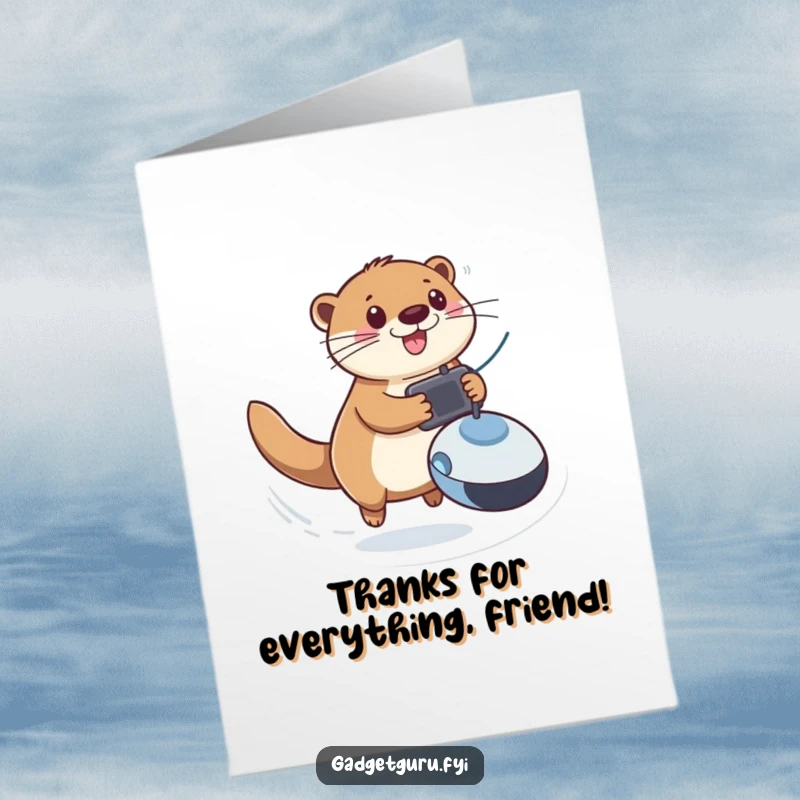 Funny Free Printable Thank You Card: Otter character zooming with a toy, a fun thank you note.