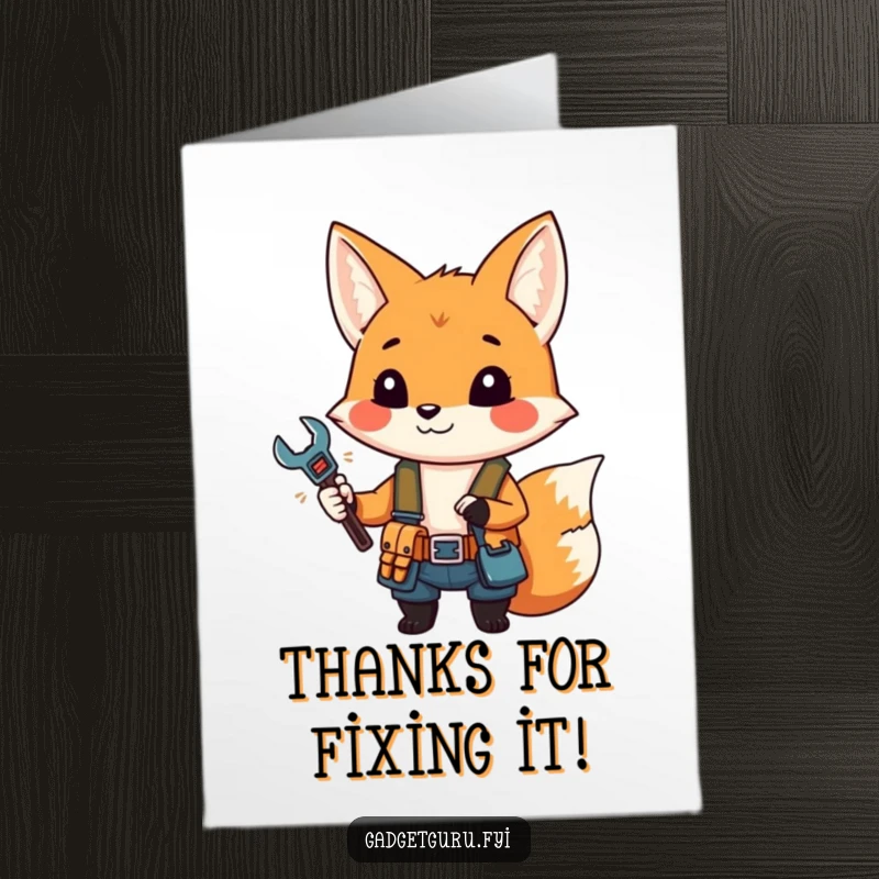 Funny free printable thank you card: a small fox wearing a tool belt holds a miniature wrench, offering thanks efficiently.