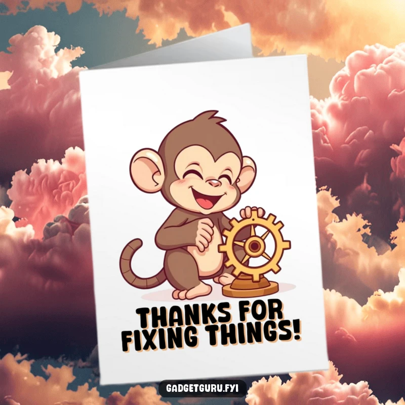 Funny Free Printable Thank You Card: A skilled monkey with a tool box joyfully adjusts a small, whirring gear, showing appreciation with a grin.