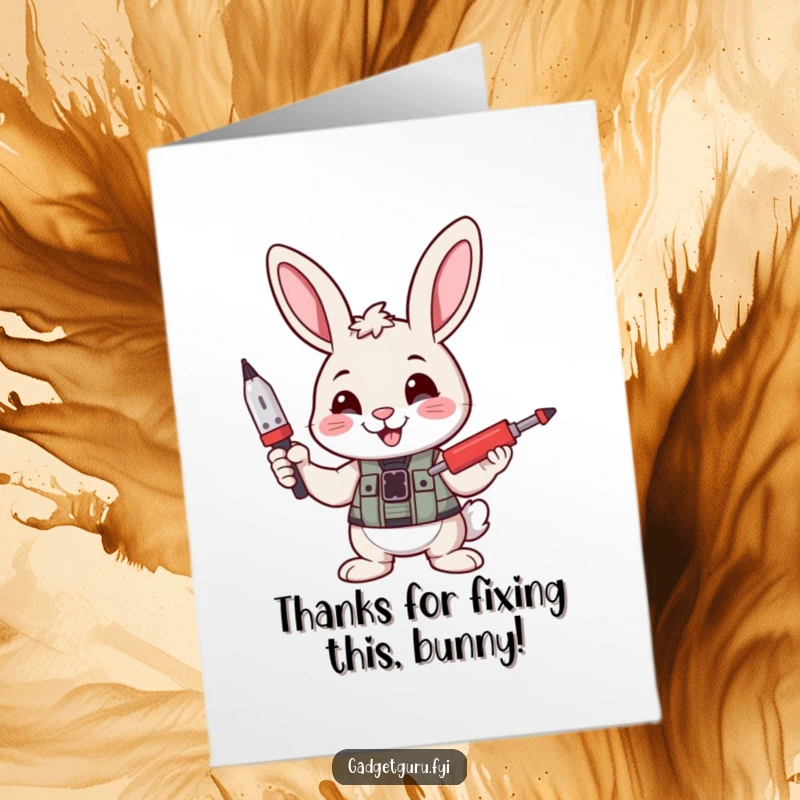 Funny free printable thank you card featuring a confident bunny with a small screwdriver, expressing thanks with DIY flair.