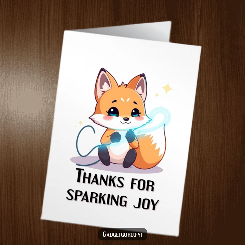 Funny Free Printable Thank You Card: A fox character experimenting with glowing wires, conveying energetic thanks.