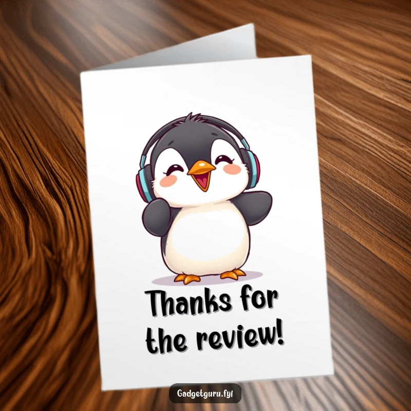 Funny Free Printable Thank You Card: Penguin chick wearing headphones, giving an enthusiastic rave review for a kind act.