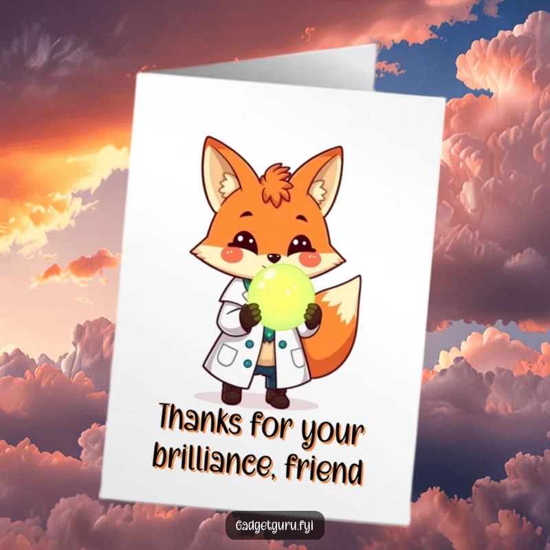 Funny Free Printable Thank You Card: Smart fox scientist in lab coat presents a glowing orb, symbolizing deep appreciation.