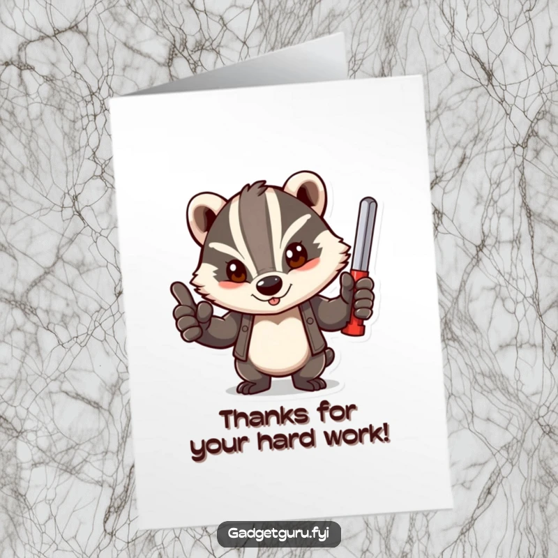 Funny Free Printable Thank You Card: Determined badger giving a thumbs-up with a tool, a strong thank you.