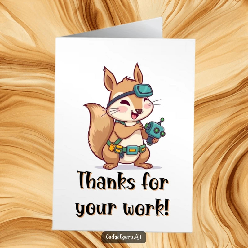 Funny Free Printable Thank You Card: Squirrel wearing a tool belt enthusiastically fixing a tiny robot, offering thanks.