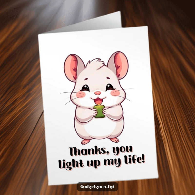 Funny Free Printable Thank You Card: Adorable chinchilla holding a tiny blinking light, expressing heartfelt thanks.