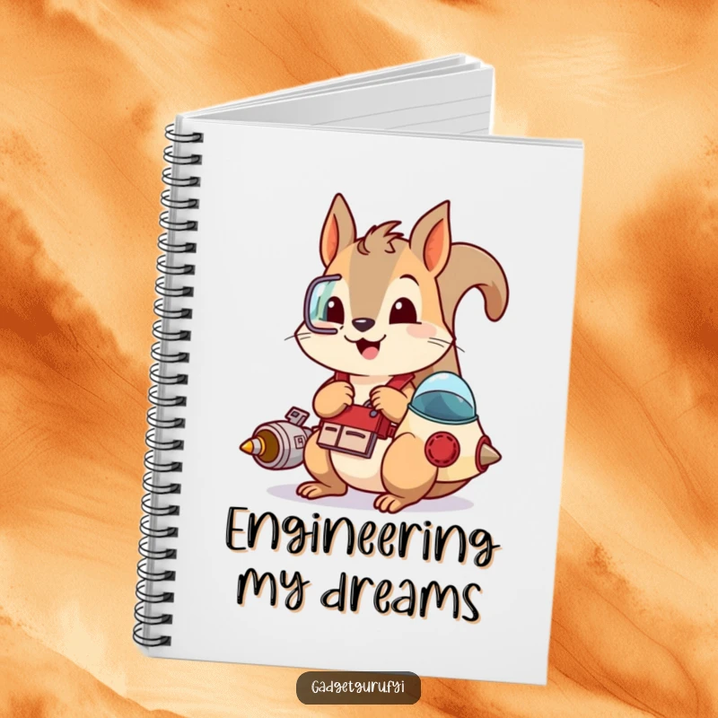 Funny notebook cover featuring a playful squirrel with a tool belt, tinkering with a small spaceship, ideal for notes and invention plans.
