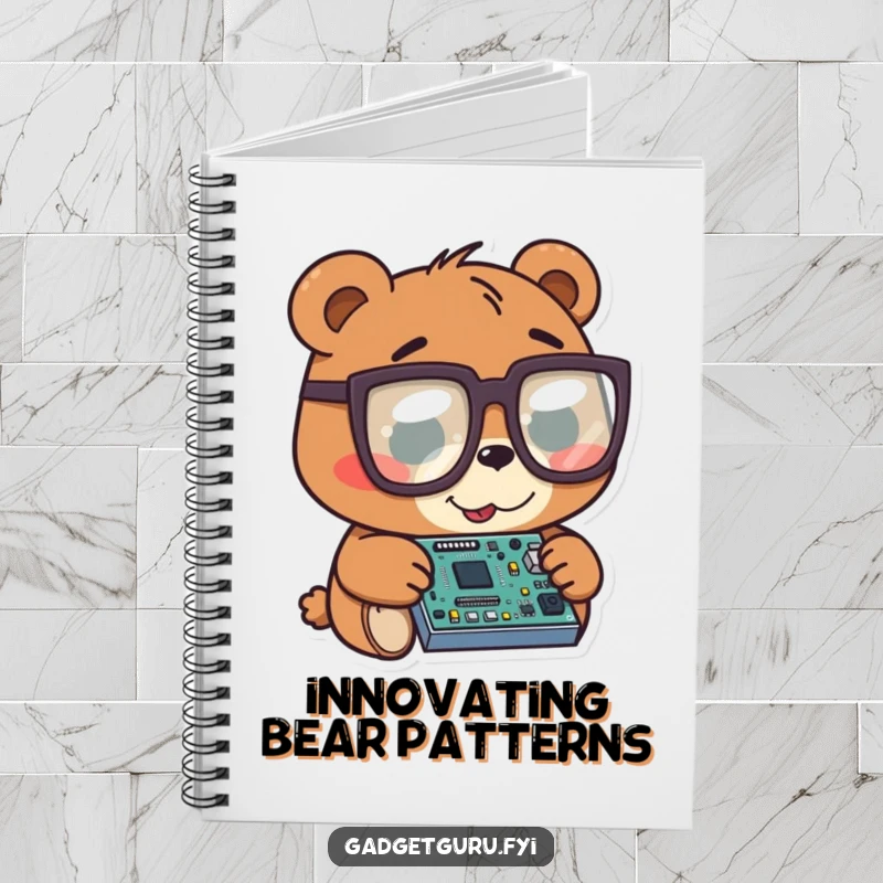Funny bear character wearing huge glasses, examining a tiny circuit board, perfect for jotting down smart ideas.