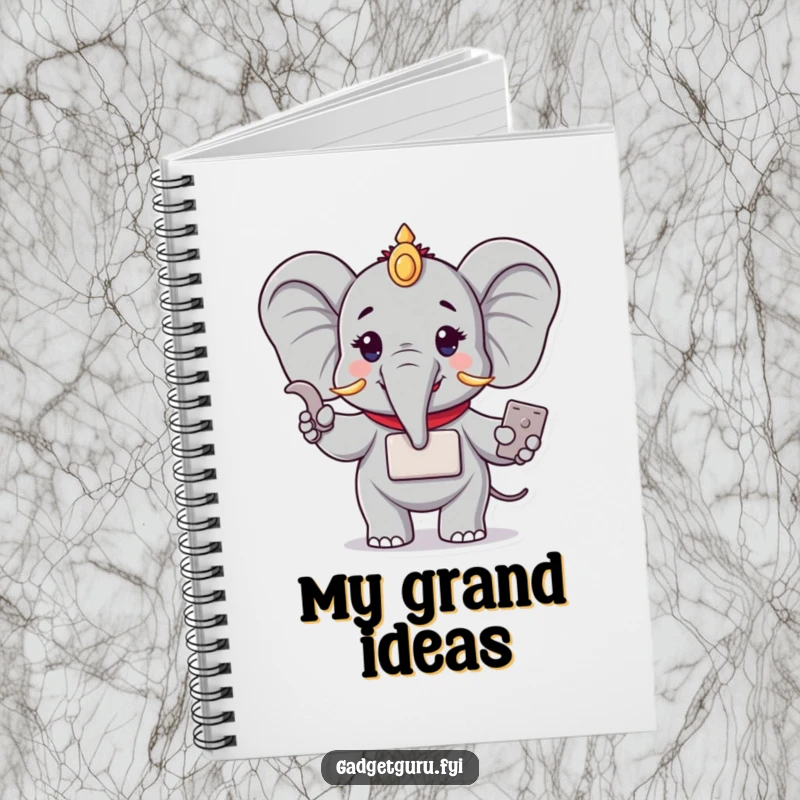 Funny notebook cover featuring a wise elephant character demonstrating a small, compact electronic device. A humorous and practical tool for thinkers.