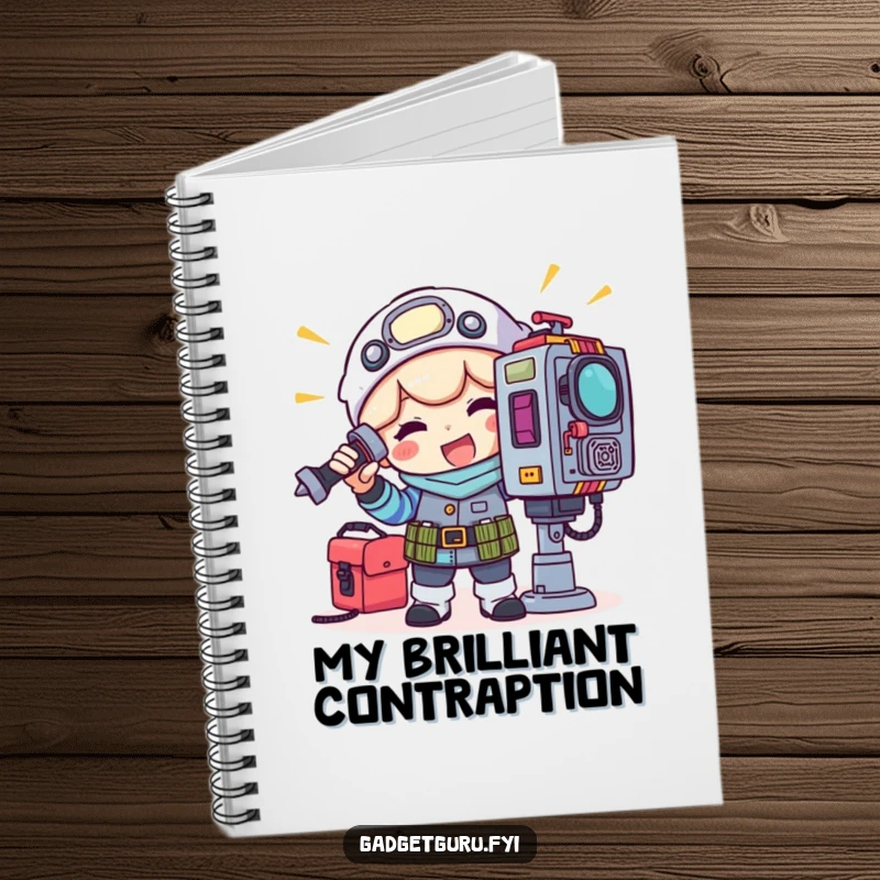Funny notebook with a happy gadget tinkerer character adjusting a blinking light on a complex machine with tools.
