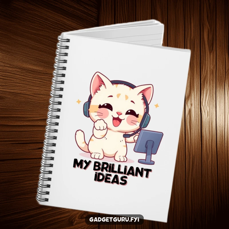 Funny Notebook with a delighted kitten wearing a headset, pointing at a screen, ready for your notes.