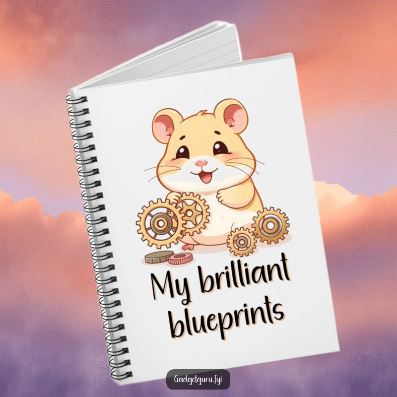 Funny hamster notebook with a smiling character tinkering with tiny gears, perfect for planning creative projects.