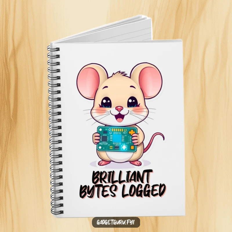 Funny mouse character holding a blinking circuit board on a notebook, inspiring tech thoughts and playful writing, a great gift.