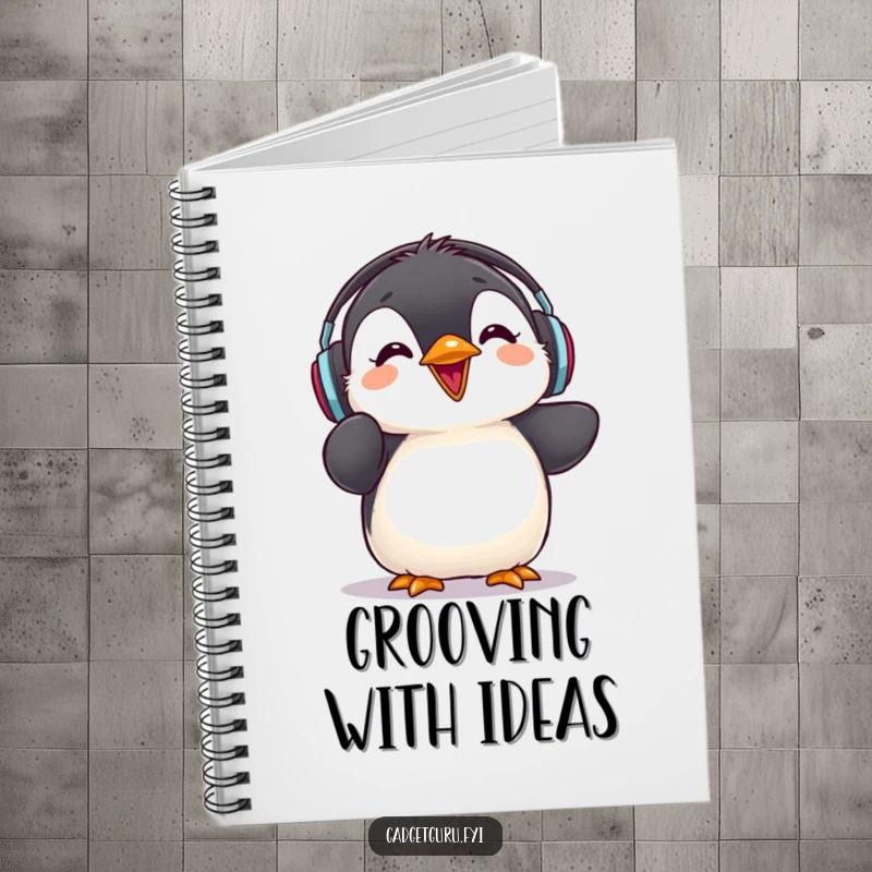 Funny penguin chick notebook, wearing headphones and giving a rave review, ideal for journaling or music notes.