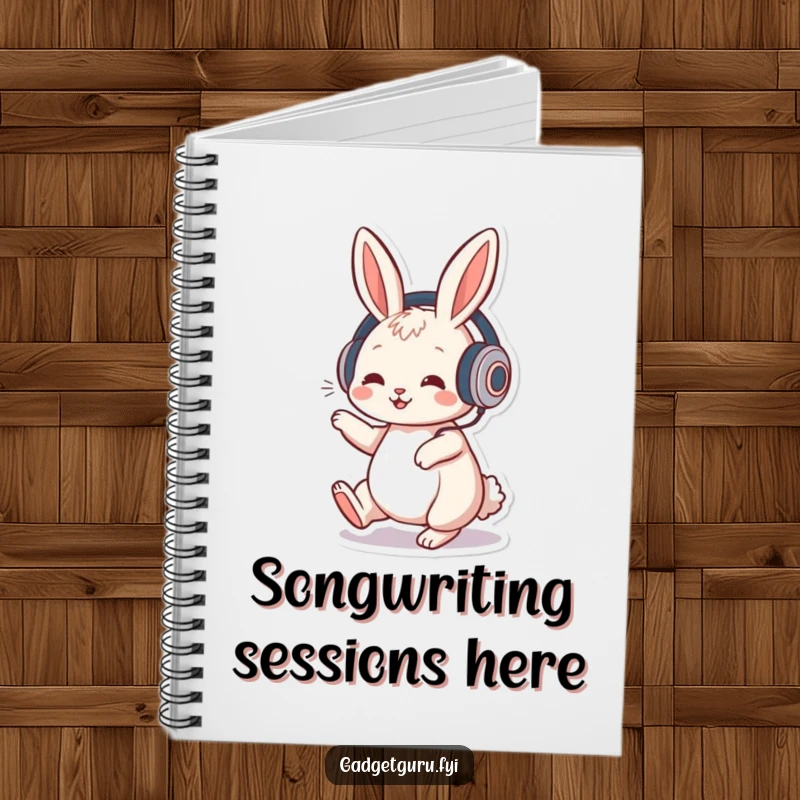 Funny notebook cover with a playful rabbit character wearing headphones and tapping its foot to music, ready for notes.