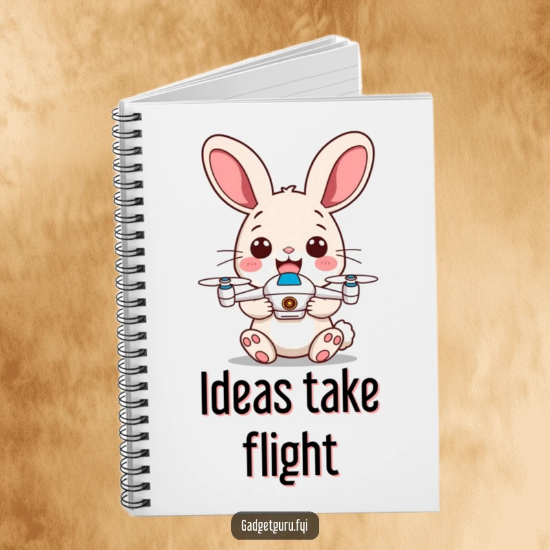 Funny notebook showcasing a cheerful rabbit with energetic ears holding a tiny drone, perfect for notes and doodles.