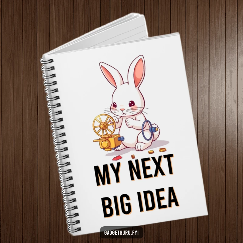 Funny notebook cover with a rabbit meticulously building a small, intricate contraption, inspiring inventive thoughts and doodles.