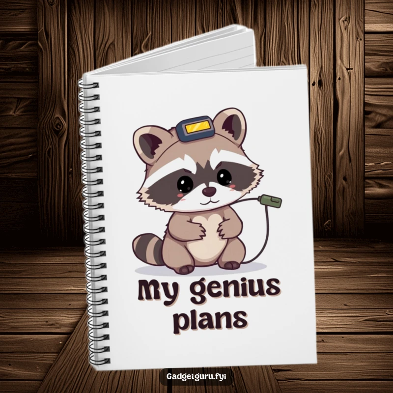 Funny notebook showcasing a tiny raccoon character wearing a headlamp, focused on a small wire.