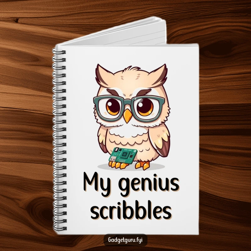 Funny cute owl character wearing oversized glasses, examining a tiny circuit board, printed on a notebook for notes.