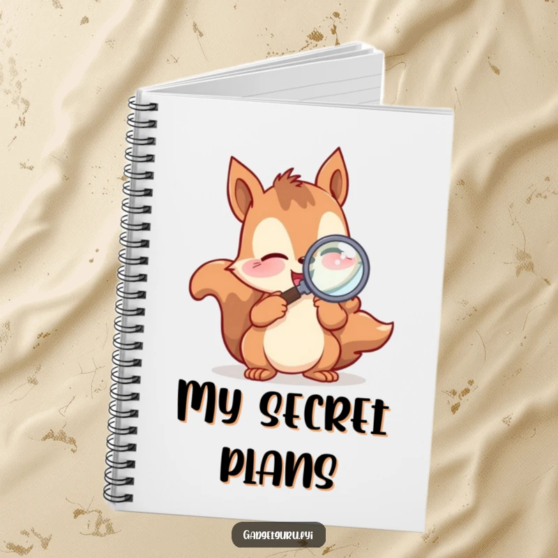 Funny Notebook featuring a playful squirrel character excitedly examining with a magnifying glass, ideal for jotting down observations.