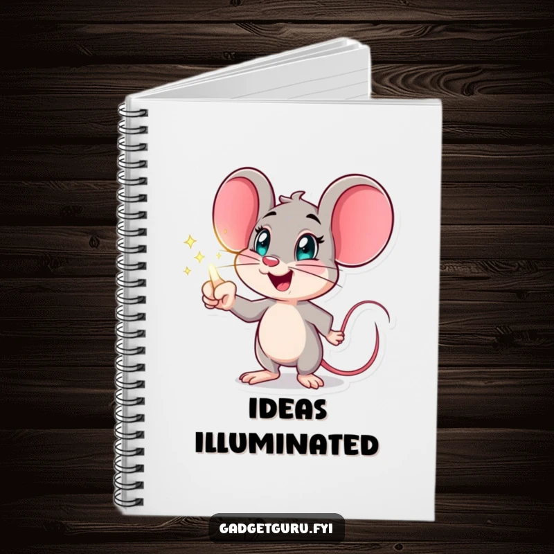 Funny mouse notebook featuring an excited character pointing at a holographic display, perfect for notes and future-tech plans.