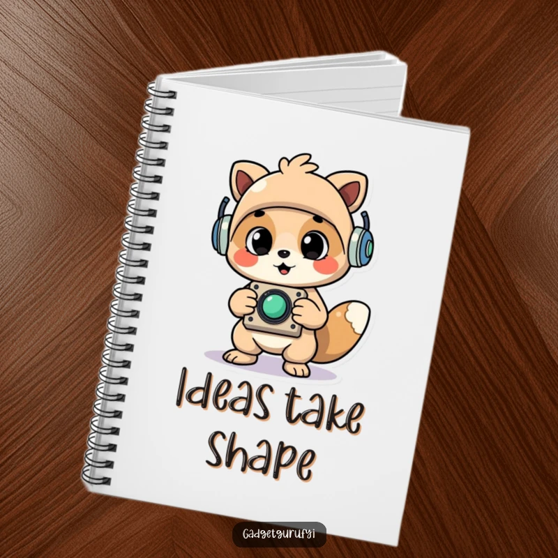 Funny Cheerful Animal Character Proudly Holding Up a Newly Assembled Whimsical Gadget Notebook, a Journal for Creators.
