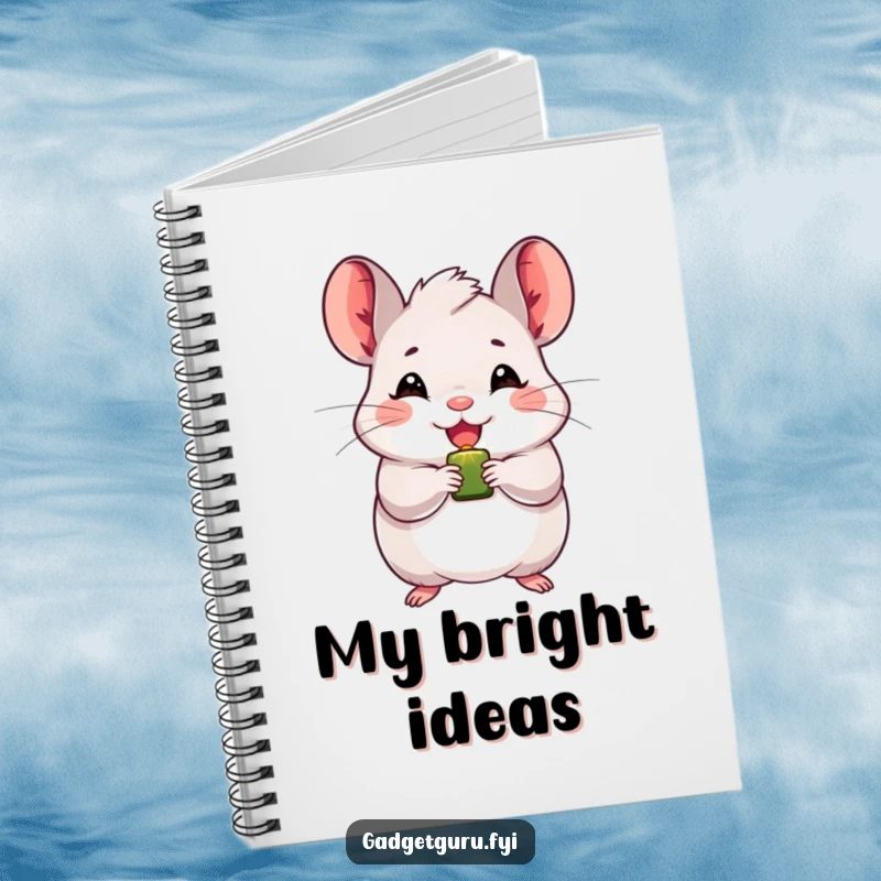 Funny chinchilla notebook with a beaming character holding a small, blinking light, perfect for capturing notes with cheerful inspiration.