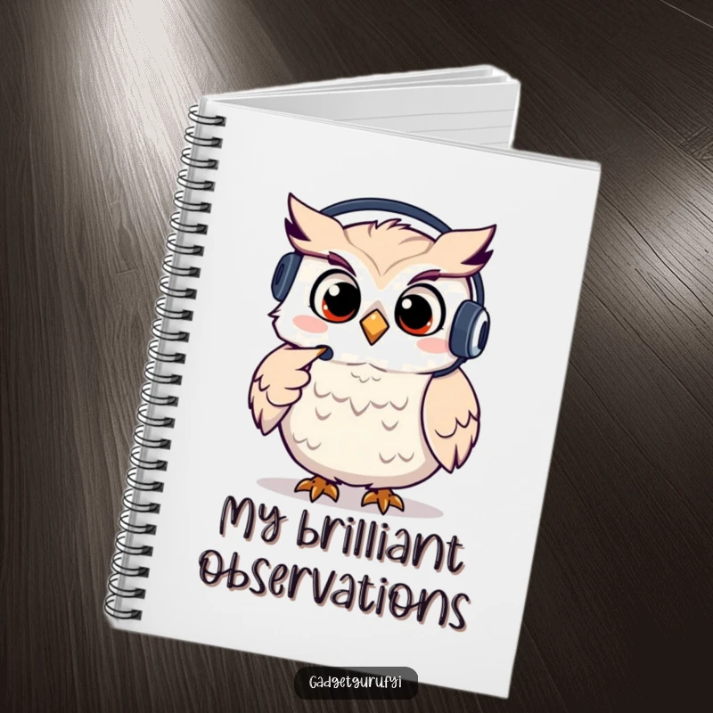 Funny owl notebook with a giggling character wearing a headset and pointing, perfect for jotting down support notes.