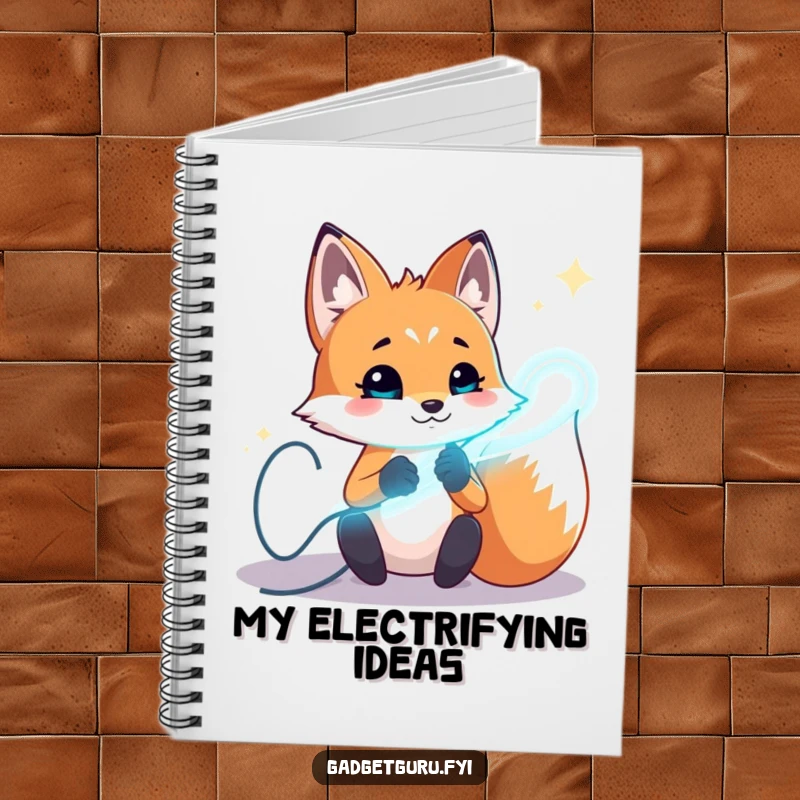 Funny fox notebook with a playful character experimenting with glowing wires, perfect for documenting inventive ideas.
