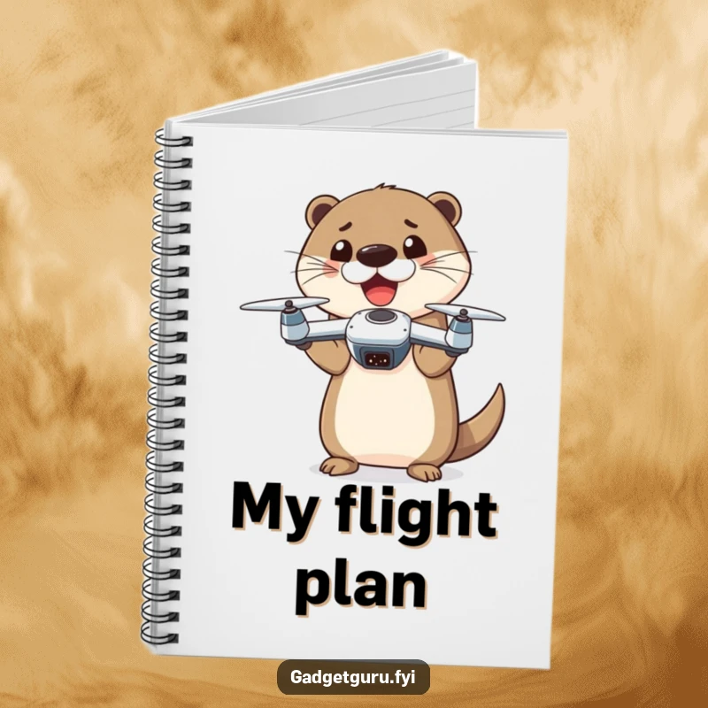 Funny otter character holding a miniature drone, perfect for note-taking or sketching, inside a notebook.