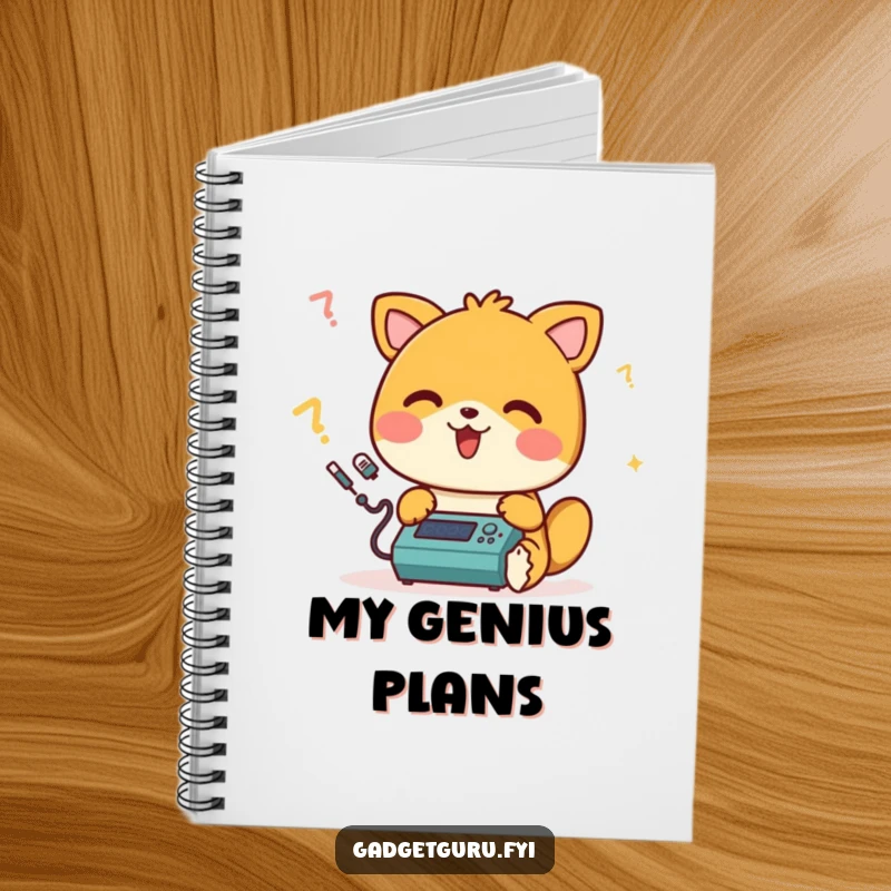 Funny notebook featuring a happy animal character beeping while programming a small device, inspiring cheerful coding and note-taking.
