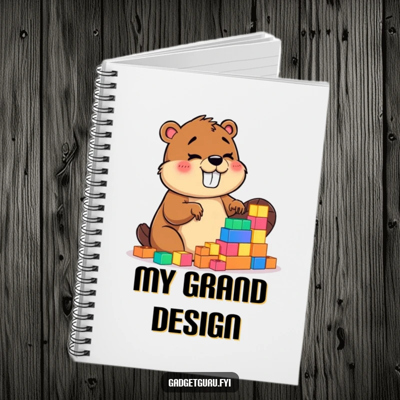 Funny notebook cover featuring a giggling beaver character enthusiastically building with tiny, glowing construction blocks, ready for notes.
