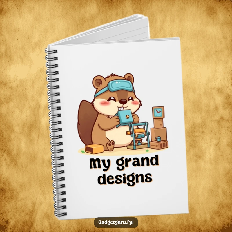 Funny beaver notebook with a happy character building a small gadget, ideal for sketching ideas and project plans.