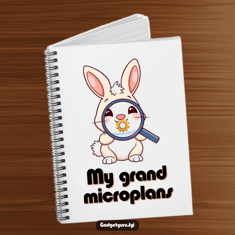 Funny notebook with a bunny using a magnifying glass on a tiny gear, encouraging detailed note-taking and observation.