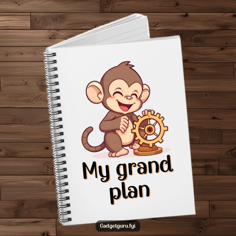 Funny monkey character joyfully working on a miniature whirring gear, perfect for jotting down ideas or sketching, inside a notebook.