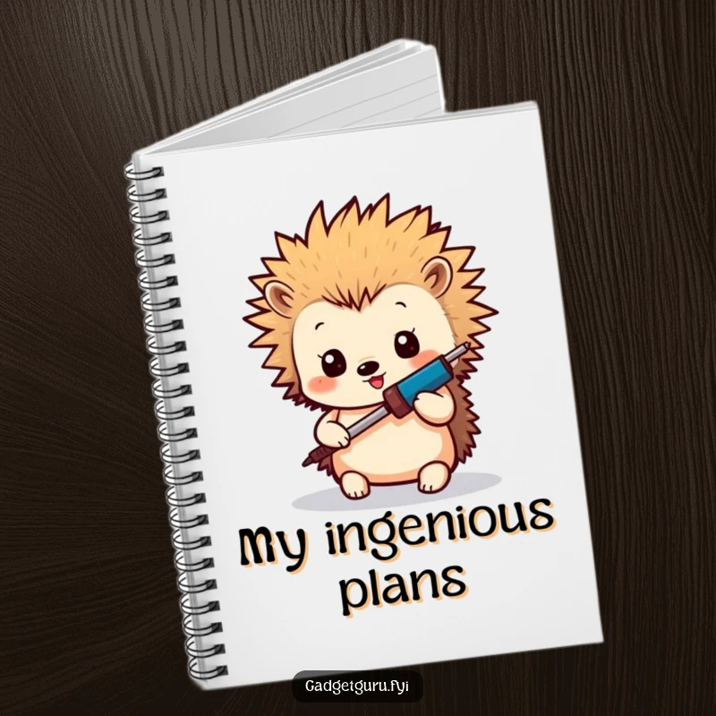 Funny Hedgehog Maker Notebook: A notebook adorned with a tiny hedgehog with spiky hair holding a miniature soldering iron, perfect for capturing ideas.