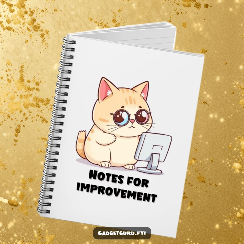 Funny cat notebook, a chubby cat with a monocle critically examining a tiny computer screen, ideal for journaling.