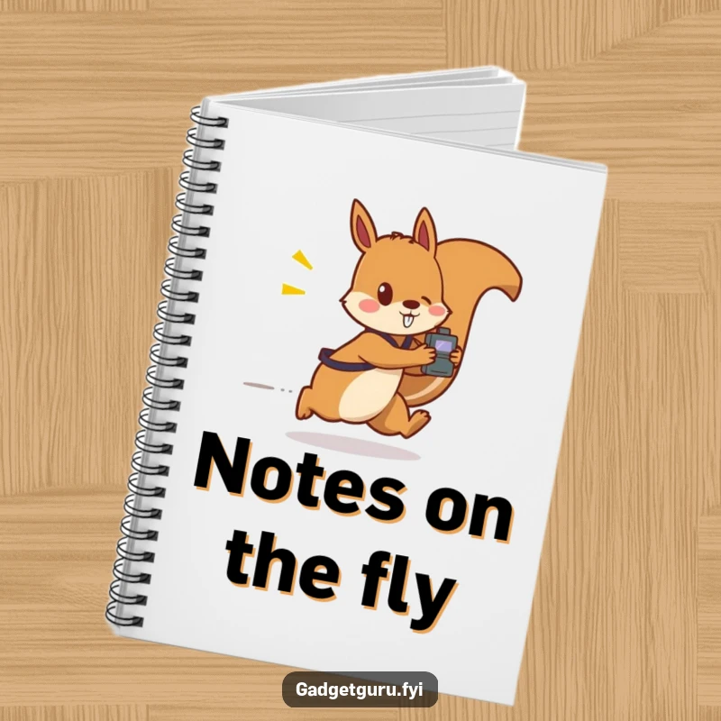 Funny notebook cover with a speedy squirrel character clutching a small, flashing gadget, symbolizing quick thinking and idea capture.