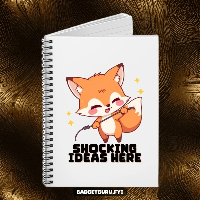 Funny notebook with a mischievous fox character playfully zapping a wire, encouraging humorous note-taking and creative sparks.