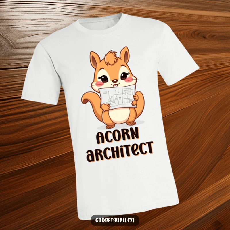 Funny cheerful squirrel character with a determined look, holding a miniature blueprint, designed for a humorous t-shirt.