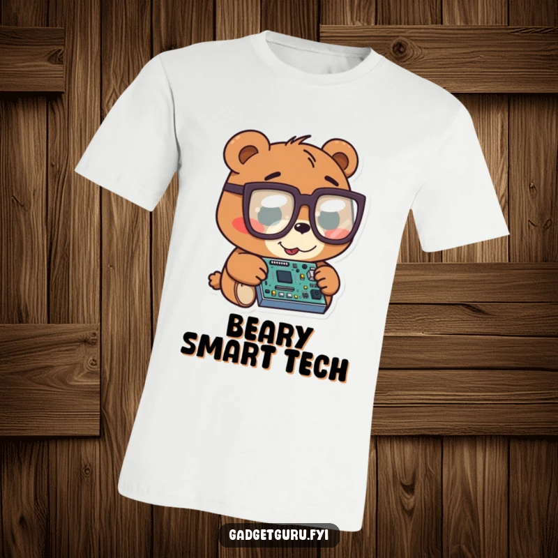 Funny bear character wearing oversized glasses, focused on a tiny circuit board, printed on a comfortable t-shirt.